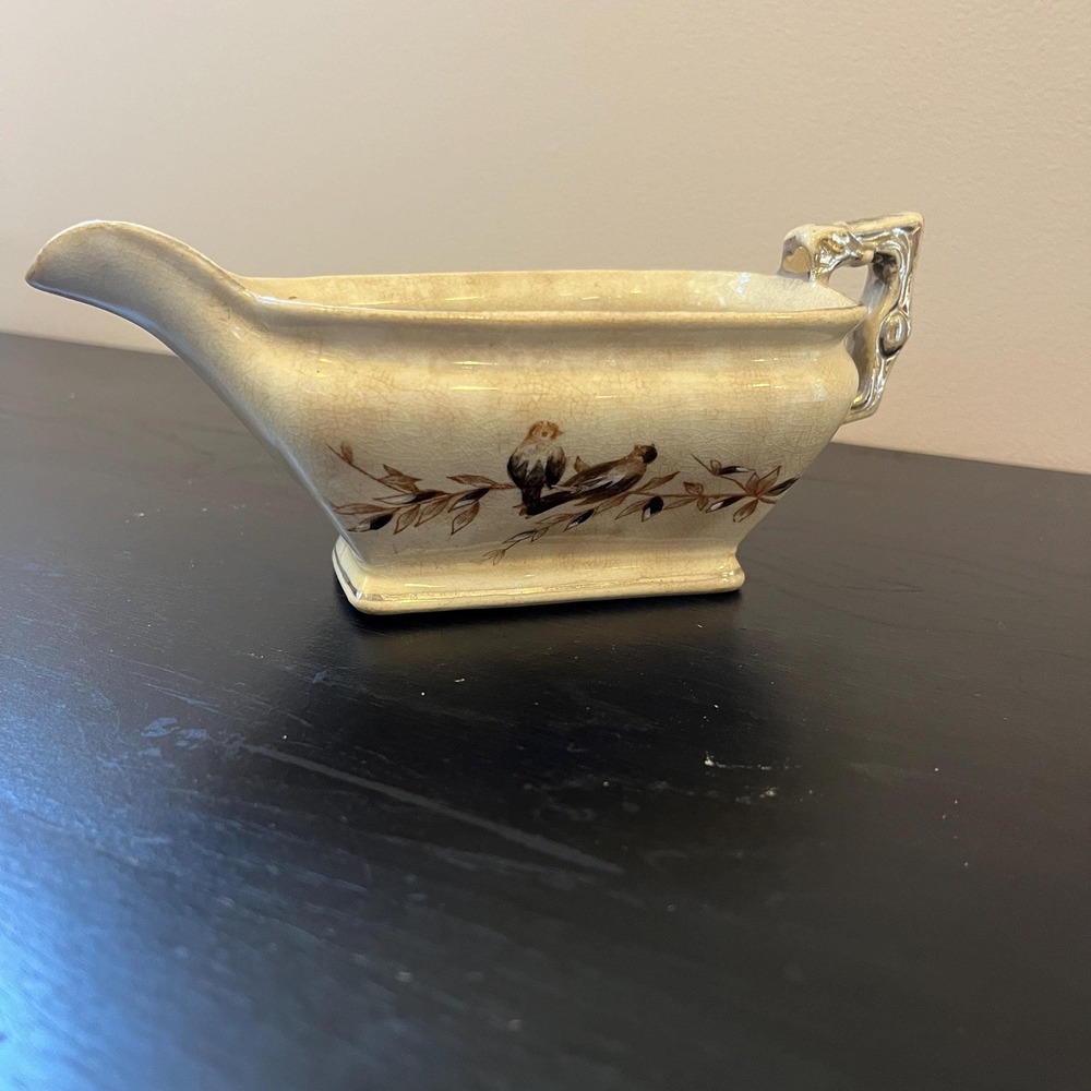Vintage Crackle‎ Glaze Bird Gravy Boat Creamer Hand Painted Ivory Sauce Dish